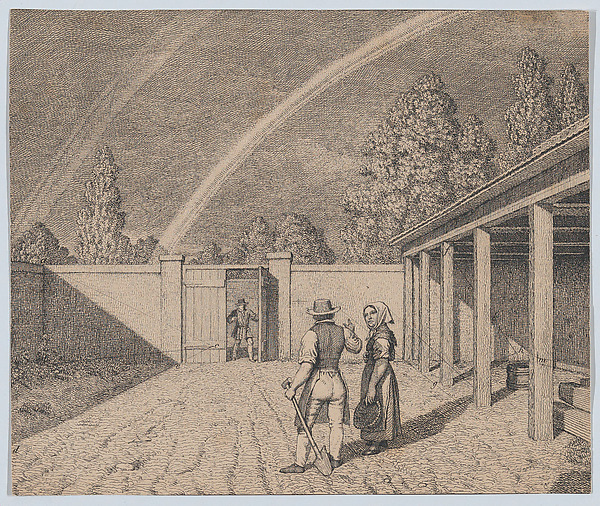 Christoffer Wilhelm Eckersberg, A couple conversing in a stable yard, with a double rainbow overhead, from 'Linear Perspective, Applied to the Art of Painting'