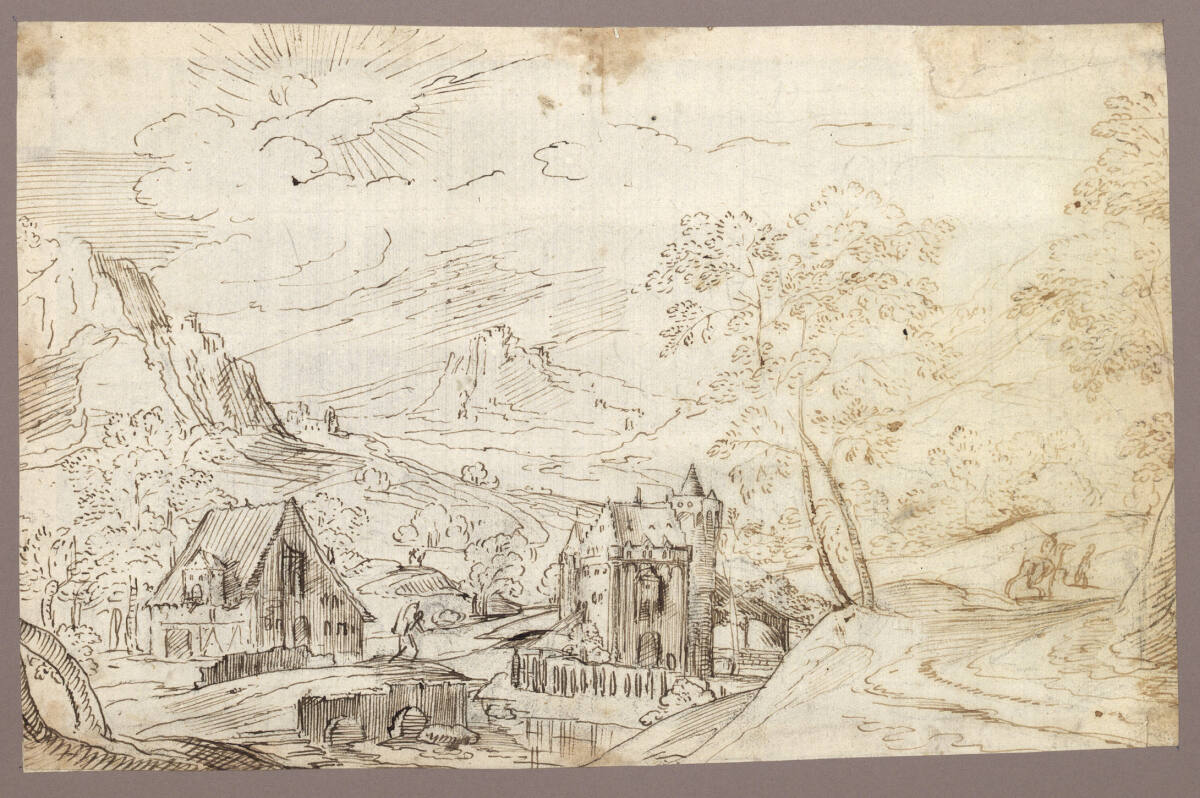 Anonym, Gebirgige Flußlandschaft mit Haus und Schloß
