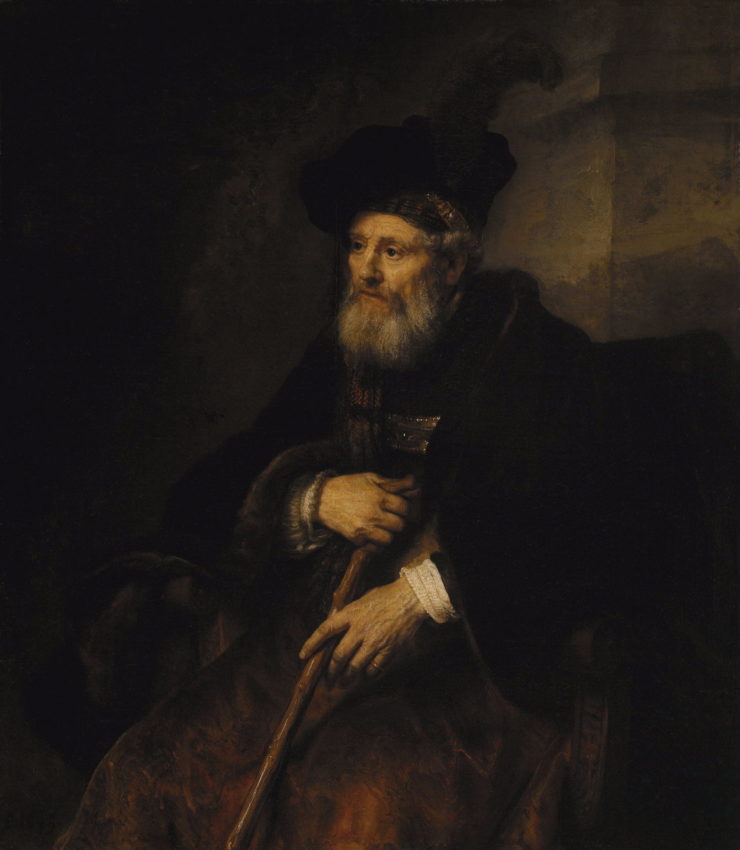 Rembrandt, Seated old man with a cane in fanciful costume