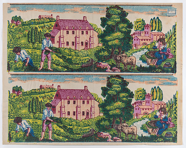 Anonymous, Sheet with two borders with pastoral landscapes