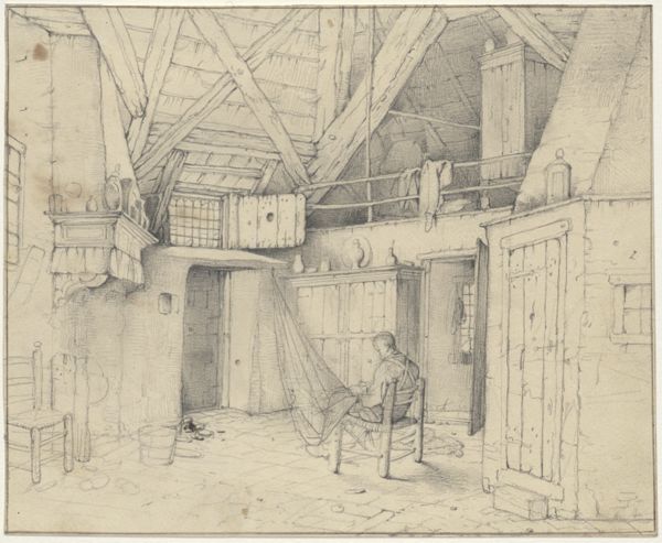 Cornet, Jacobus Ludovicus, (1815-1882), (artist), Interior of a house with a net mender