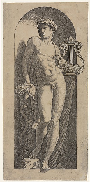 Marcantonio Raimondi, A statue of Apollo, naked standing in a niche, holding a lyre in his left hand and leaning on a tree trunk