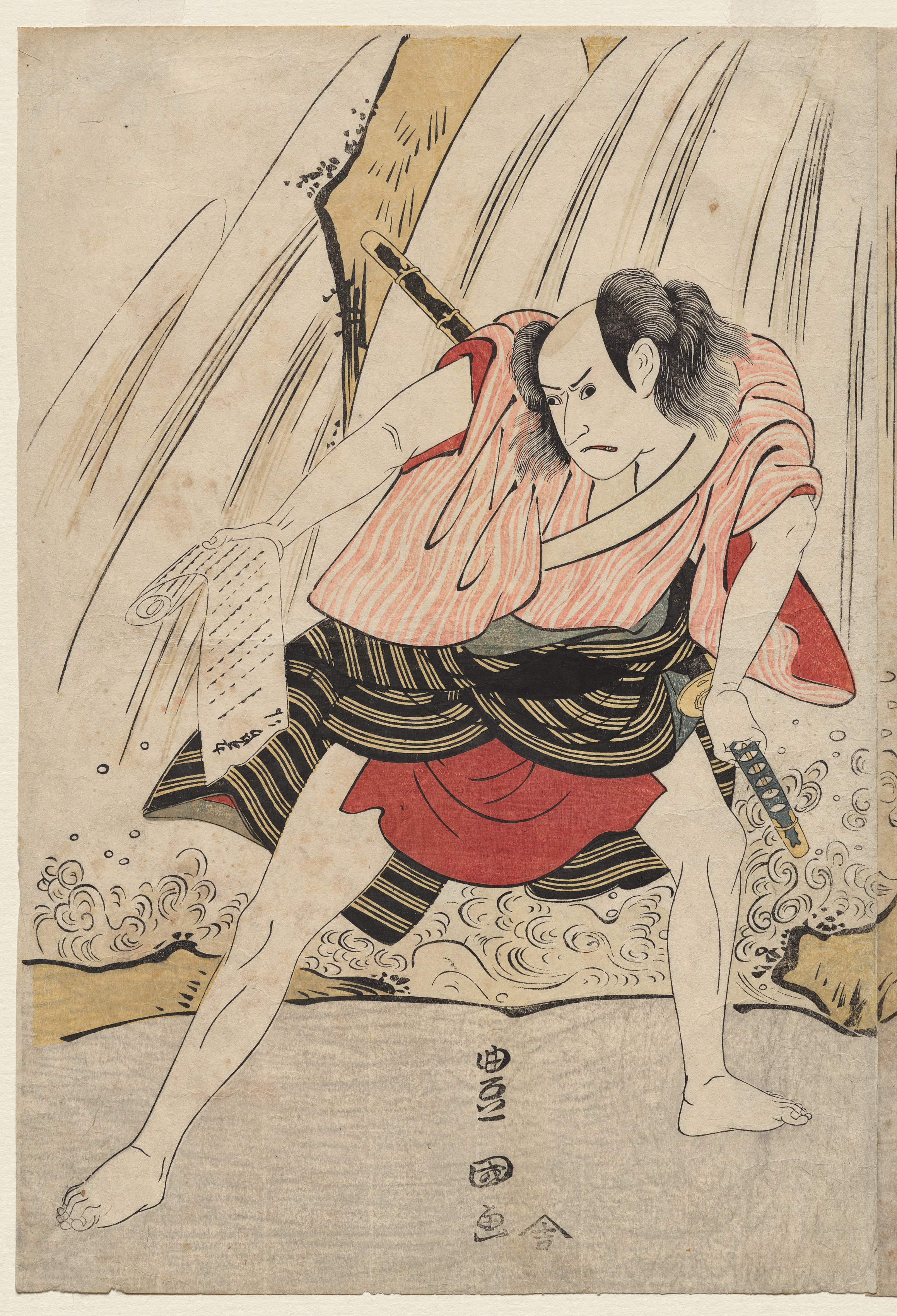 Utagawa Toyokuni, Kataoka Nizaemon VII and Ichikawa Yaozo III in a Confrontation Beside a Waterfall