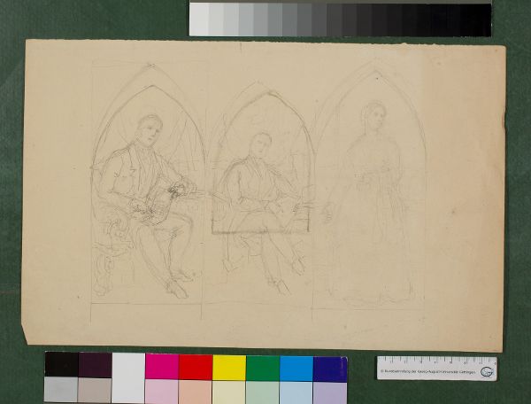 Unknown artist, Skizzen zu Portraits von Ehepartnern jeweils unter Spitzbögen (vermtl. Wilhelmine und Georg Ludwig Friedrich Laves)