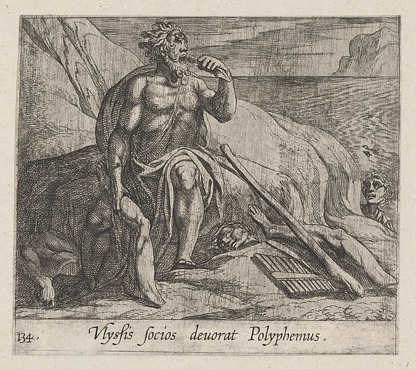 Antonio Tempesta, Plate 143: Polyphemus Eating Ulysses' Men, as Achaemides Watches (Ulyssis socios deuorat Polyphemus), from Ovid's 'Metamorphoses'