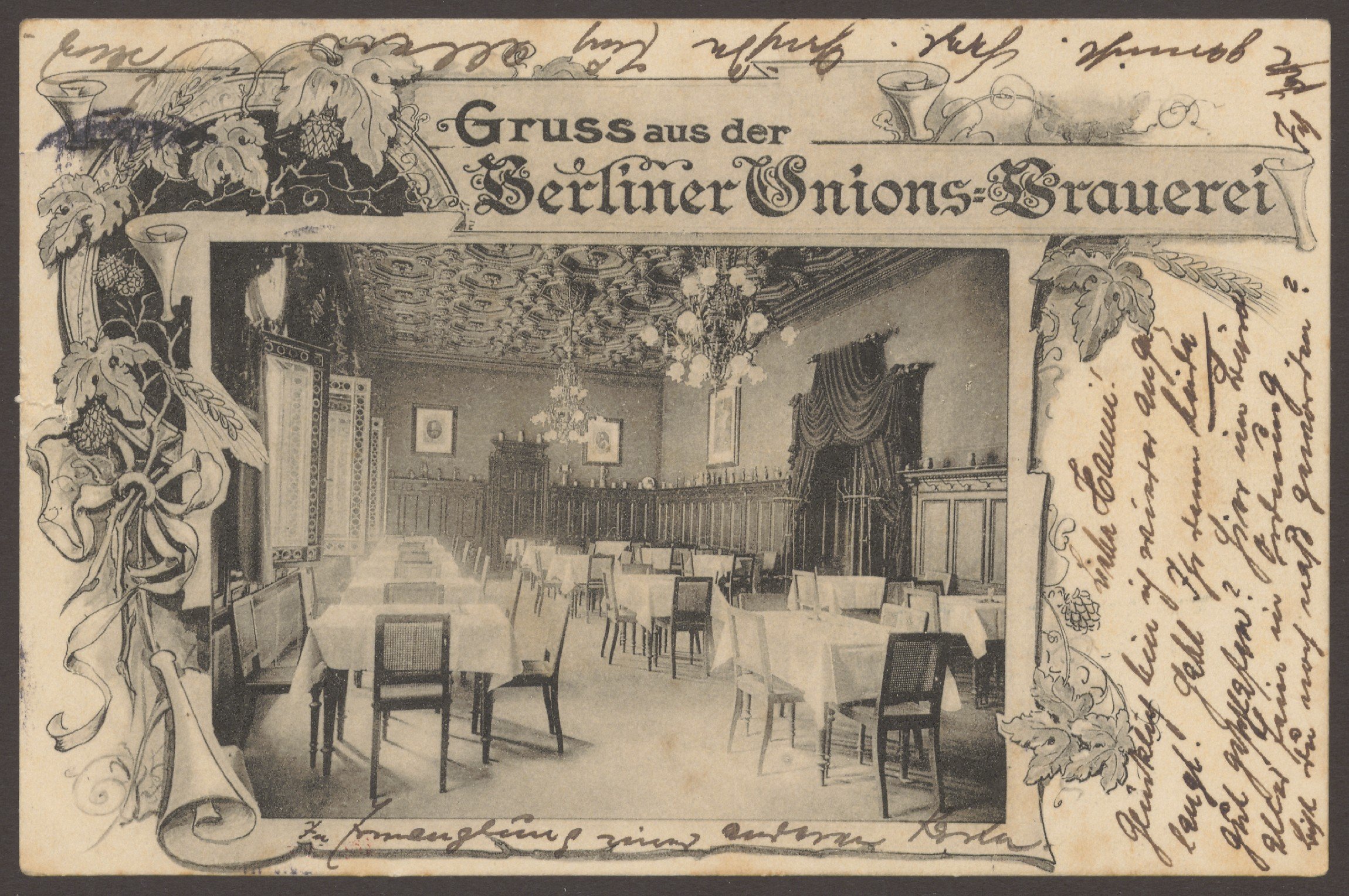 Unknown artist, Ansichtskarte Hasenheide, Innenraum der Berliner Unions-Brauerei [3/3]