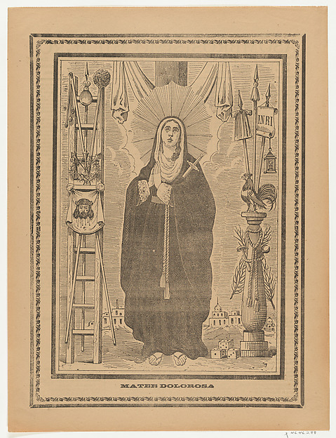 Anonymous, Broadsheet with the Virgin of Sorrows, flanked by instruments on the Passion