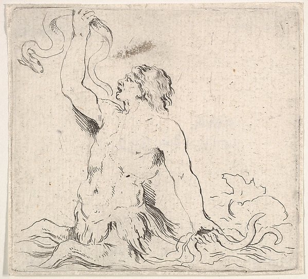 Stefano della Bella, A triton in the water, facing left, holding up an eel in his right hand and two other eels underwater in his left hand, plate 7 from "Second collection of various doodles and etching proofs" (Second recueil de divers griffonnements et preuves d'eauforte)