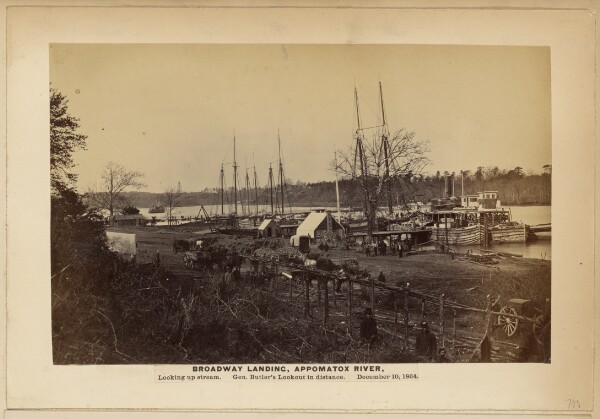 A. J. Russell, Broadway Landing, Appomattox River, Looking up stream. Gen. Butler's Lookout in distance. December 10, 1864.
