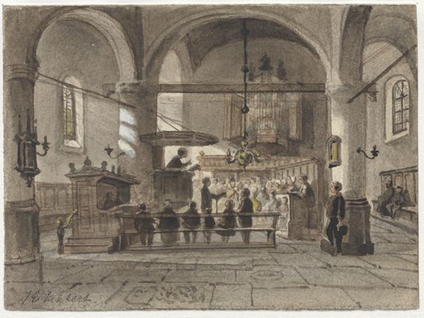 Kikkert, Jan Elias, (1843-1925), (artist), People gathered for a sermon at the Hooglandse Kerk in Leiden (verso: sketch of a goat)