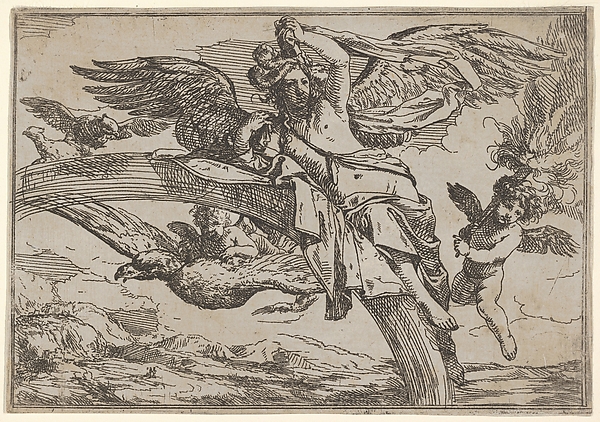Giulio Carpioni, Air, represented by Iris reclining on her rainbow, accompanied by a winged putto bearing a torch and another winged putto riding an eagle, from "The Elements"