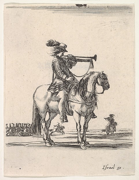 Stefano della Bella, Trumpeter on horseback facing right, a group of horsemen in the background, from "Various cavalry exercises" (Diverses exercices de cavalerie)