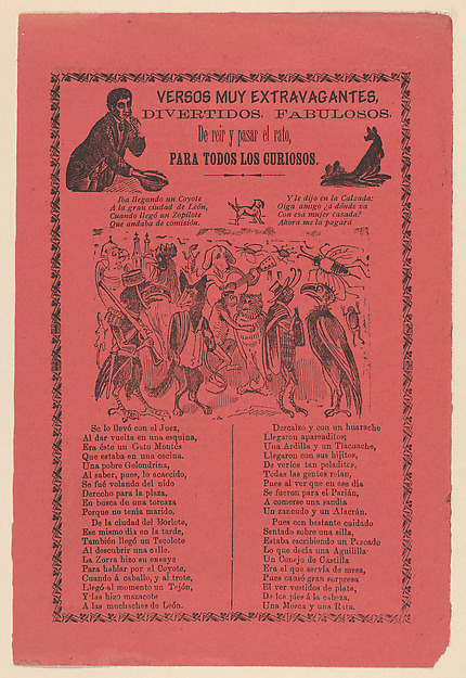 José Guadalupe Posada, Broadsheet with extravagant verses relating to a parade of animals dressed in costume and a corrido about an encounter between various animals.
