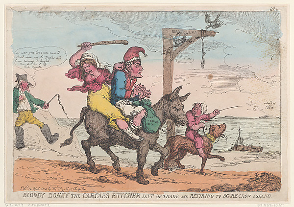 Thomas Rowlandson, Bloody Boney the Carcass Butcher Left of Trade and Retiring to Scarecrow Island