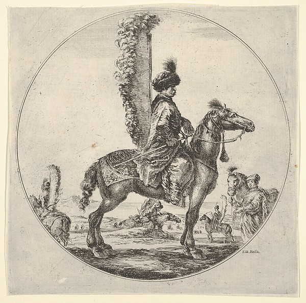 Stefano della Bella, Polish hussar in profile facing right with wings attached to his back, a circular composition, from "Figures on Horseback" (Cavaliers nègres, polonais et hongrois)