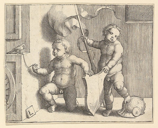 Lucas van Leyden, Two Nude Children Supporting a Blank Shield