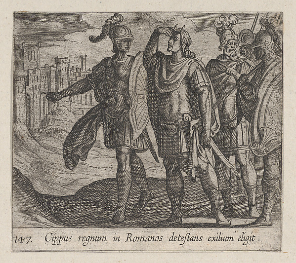 Antonio Tempesta, Plate 147: Cipus with his Horns (Cippus regnum in Romanos detestans exilium eligit), from Ovid's 'Metamorphoses'
