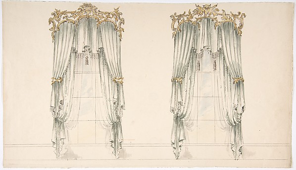 Anonymous, British, 19th century, Design for White Curtains with White Fringes and a Gold and White Pediment
