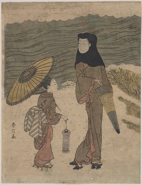 Suzuki Harunobu, Lady with Black Hood and Umbrella Out Walking with Young Attendant