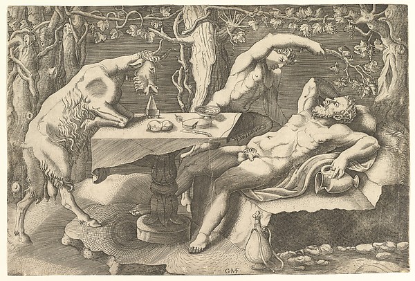 Giorgio Ghisi, Silenus sleeping at right, taunted by a Satyr, and a Goat climbing on a table at left