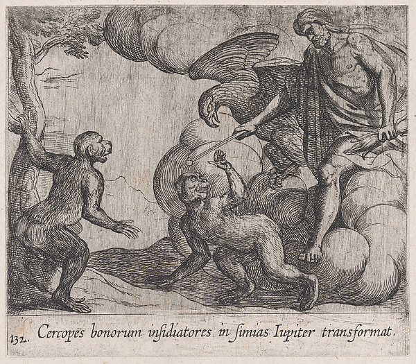 Antonio Tempesta, Plate 132: Jupiter Changing the Cercopians into Monkeys (Cercopes bonorum insidiatores in Simias Iupiter transformat), from Ovid's 'Metamorphoses'