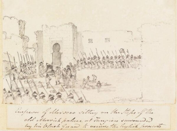 Unknown, Emperor of Morocco sitting on the Steps of the old Moorish palace at Tangiers surrounded by his black Guard to receive the English presents