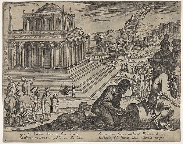 Antonio Tempesta, Plate 5: Tomb of Mausolus, stone masons make a column at the right, from "The Seven Wonders of the World"