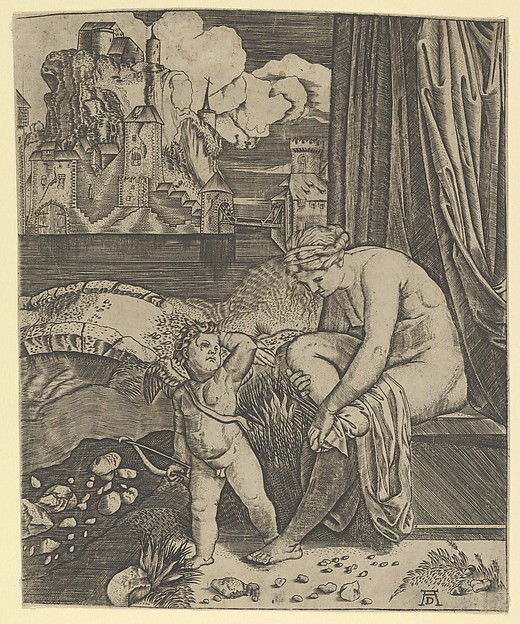 Anonymous, Venus naked sitting at right drying her foot with a piece of drapery, Cupid, in front of her, holding a bow in his right hand