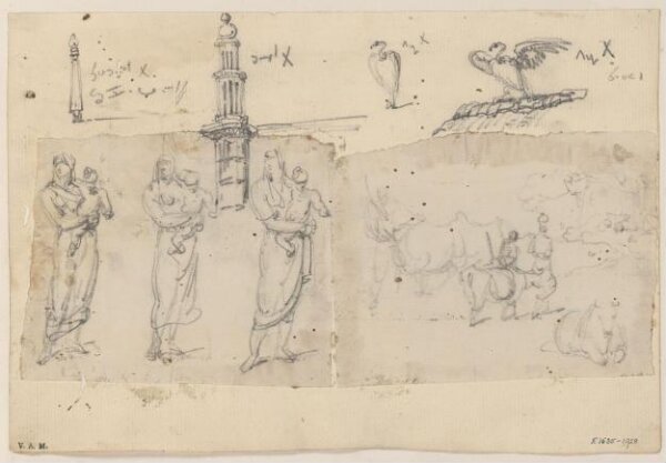 George Chinnery, Indian figures, cattle, vultures and minarets