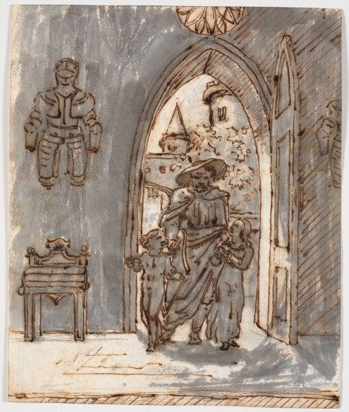 Martinus Rørbye, "Gotisk" scene. En skjald fører to børn ind i et gotisk hus