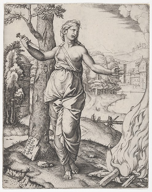 Marcantonio Raimondi, Dido holding a dagger in her right hand, left arm outstretched