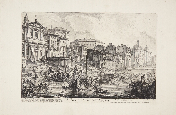 Giovanni Battista Piranesi, Udsigt over havnen ved Ripetta, Rom, med kajer, toldhus og mange pramme lastet med tønder
