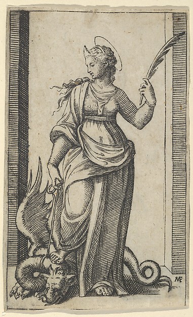 Marcantonio Raimondi, Saint Margaret standing, a dragon at the left, from "Piccoli Santi" (Small Saints)