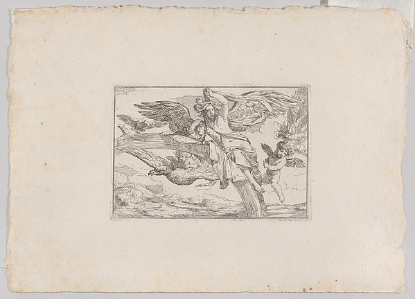 Giulio Carpioni, Air, represented by Iris reclining on her rainbow, accompanied by a winged putto bearing a torch and another winged putto riding an eagle, from "The Elements"