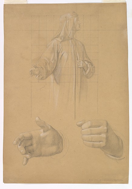Wilhelm Schadow, Study of a Standing Man with Headcloth and Two Studies of his Hands