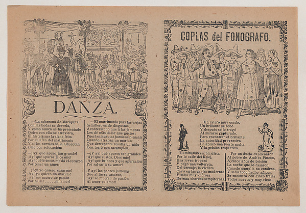 José Guadalupe Posada, Broadsheet with two different songs showing a group of men huddled around a woman on the left and a group of people holding glasses on the right