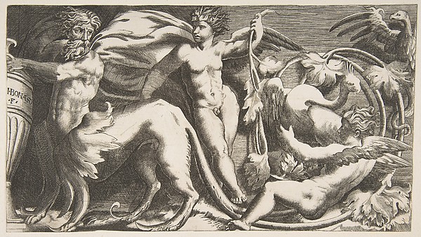 Giulio Bonasone, ornamental Frieze with two Putti and a Monster