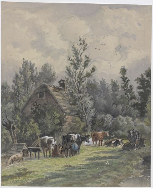 Kikkert, Jan Elias, (1843-1925), (artist), Farmer and his cattle in front of a farm (verso: Farm animals surrounding a cartouche)