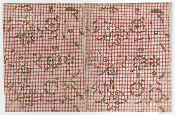 Anonymous, Book cover with red crisscross pattern with green florals