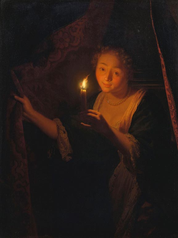Godfried Schalcken, A Girl with a Candle Drawing aside a Curtain