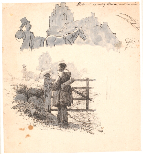 Johan Thomas Lundbye, Aftenstunden. F.o. studie af bonde-manden ved kirken. Illustration til Kaalunds "Fabler for Børn". Se kommentar fra arkkatalog.