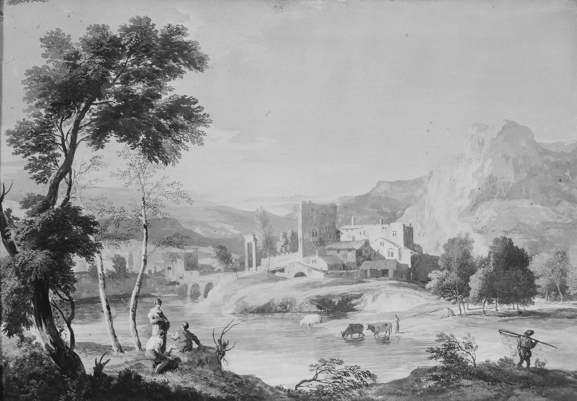 Marco Ricci, Mountainous Landscape with a River and a Group of Buildings Beyond