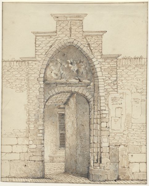 Cornet, Jacobus Ludovicus, (1815-1882), (artist), Portal with stepped gable and sculptured tympanum