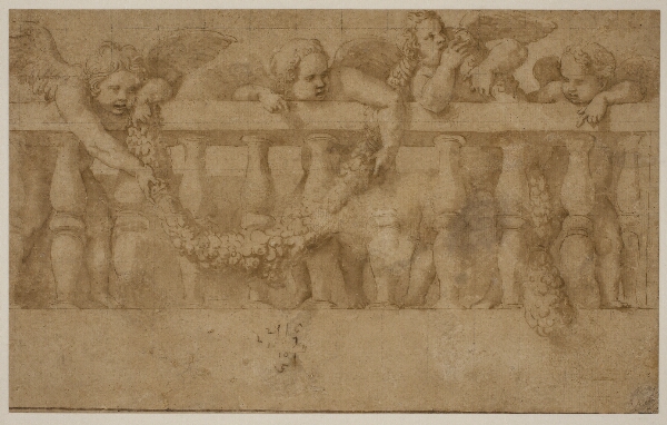 Giulio Romano, Fire bevingede putti hænger festoner på en balustrade