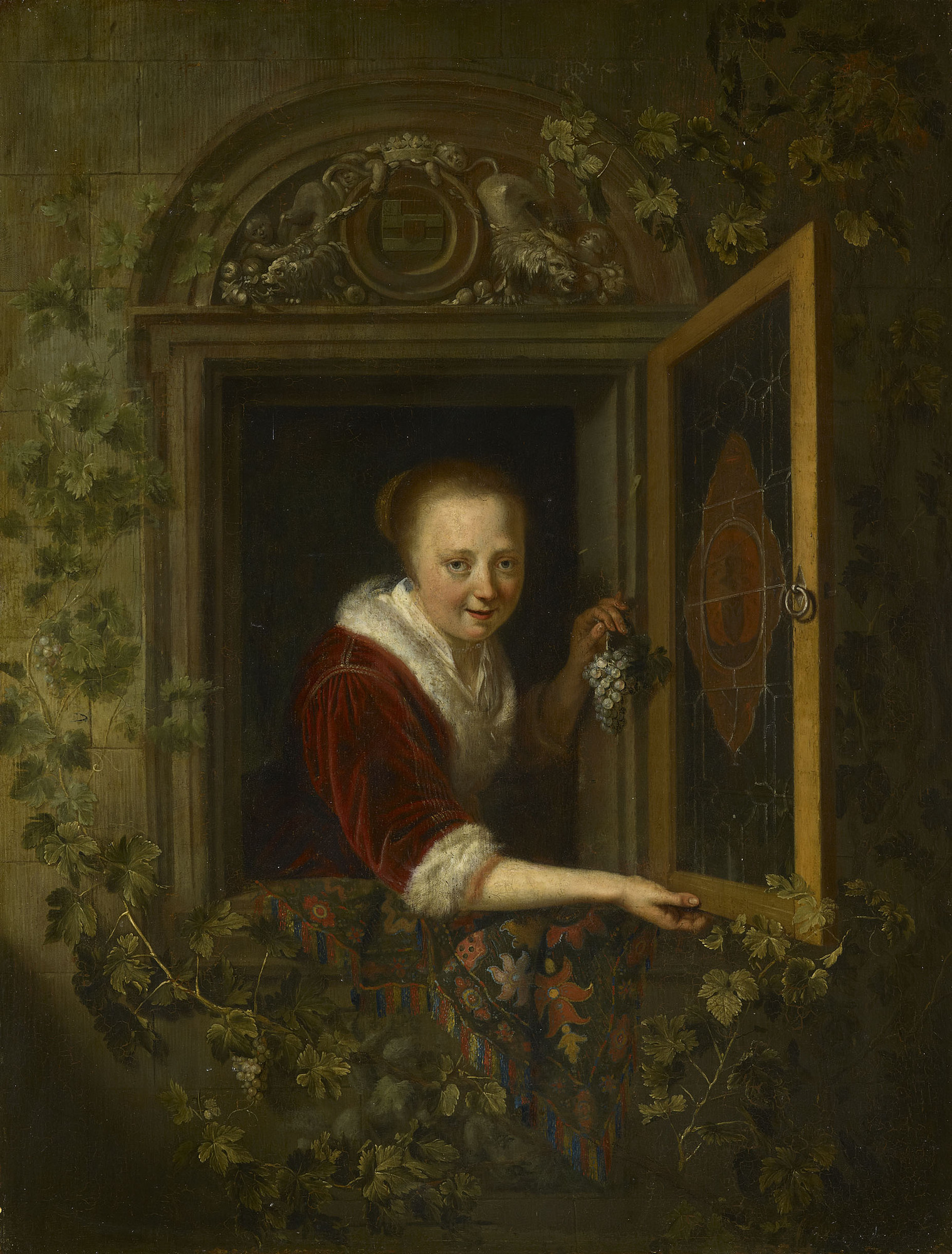 Gerrit Dou, A Girl with a Bunch of Grapes at a Window