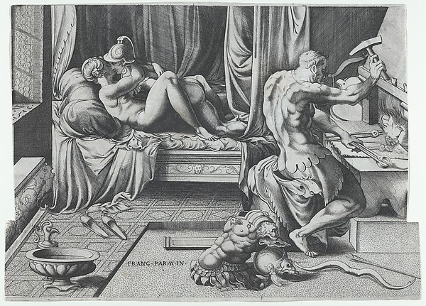 Enea Vico, Venus and Mars Embracing as Vulcan Works at His Forge