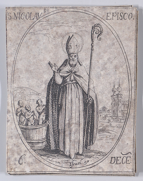 Jacques Callot, S. Nicolas, évêque (St. Nicholas, Bishop), December 6th, from "Les Images De Tous Les Saincts et Saintes de L'Année" (Images of All of the Saints and Religious Events of the Year)