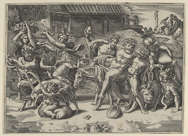 Agostino Veneziano (Agostino dei Musi), The procession of Silenus who is carried on an ass preceeded by a bacchant playing the cymbals and other figures
