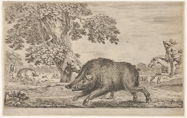 Stefano della Bella, A wild boar running towards the left, a dog biting its ear behind to left, other dogs and horsemen in the background, from "Hunts of various animals" (Chasses à différents animaux)
