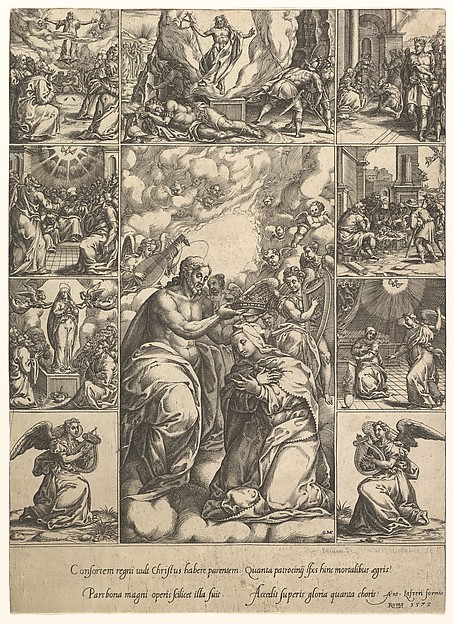 Giorgio Ghisi, The Coronation of the Virgin; surrounded by nine vignettes with scenes from the life of Christ and the Virgin